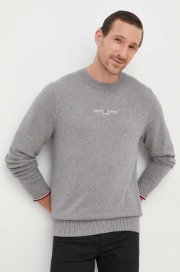 Bavlnený sveter Tommy Hilfiger šedá farba, tenký