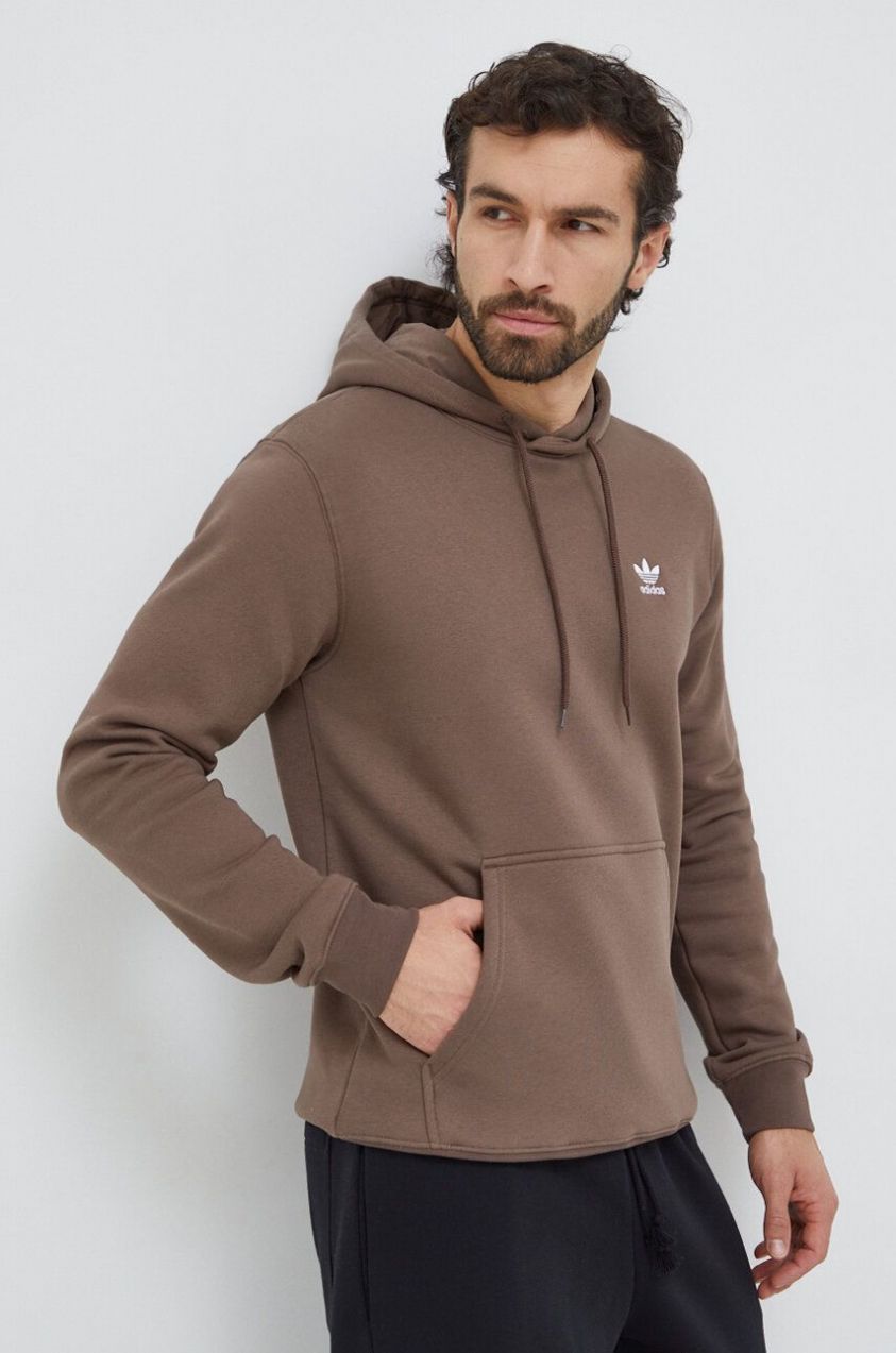 Mikina adidas Originals Trefoil Essentials Hoody pánska, hnedá farba, s kapucňou, jednofarebná, IR7786