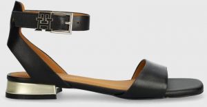Kožené sandále Tommy Hilfiger TH HARDWARE FLAT SANDAL dámske, čierna farba, FW0FW07733