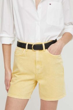 Rifľové krátke nohavice Tommy Hilfiger dámske, žltá farba, jednofarebné, vysoký pás
