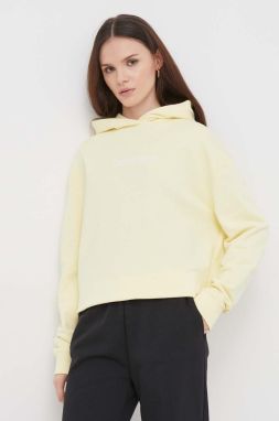 Bavlnená mikina Calvin Klein dámska, žltá farba, s kapucňou, s potlačou