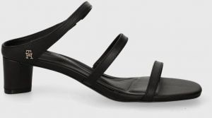 Kožené šľapky Tommy Hilfiger TH STRAP LEATHER MID HEEL dámske, čierna farba, na podpätku, FW0FW07731