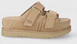 Semišové šľapky UGG Goldenstar Hi Slide dámske, béžová farba, na platforme, 1155458