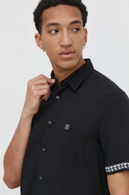 Košeľa HUGO pánska, čierna farba, regular, s klasickým golierom