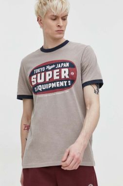 Bavlnené tričko Superdry pánsky, béžová farba, s potlačou