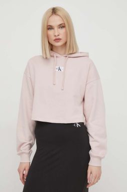 Bavlnená mikina Calvin Klein Jeans dámska, ružová farba, s kapucňou, s nášivkou