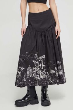 Bavlnená sukňa Desigual čierna farba, midi, áčkový strih