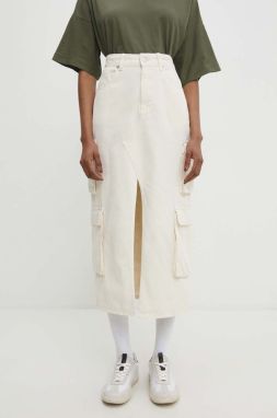 Rifľová sukňa Answear Lab biela farba, midi, áčkový strih