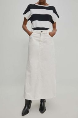 Rifľová sukňa Answear Lab biela farba, maxi, áčkový strih