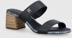 Kožené šľapky Tommy Hilfiger BLOCK MID HEEL SHIRTING SANDAL dámske, tmavomodrá farba, na podpätku, FW0FW07742