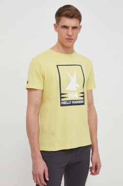 Bavlnené tričko Helly Hansen pánsky, žltá farba, s potlačou