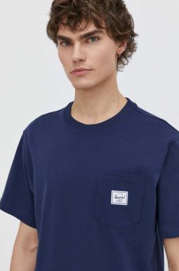 Bavlnené tričko Herschel pánsky, tmavomodrá farba, jednofarebný