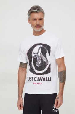 Bavlnené tričko Just Cavalli pánsky, biela farba, s potlačou, 76OAHC14 CJ600