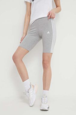 Šortky adidas dámske, šedá farba, s nášivkou, stredne vysoký pás,  HF5956