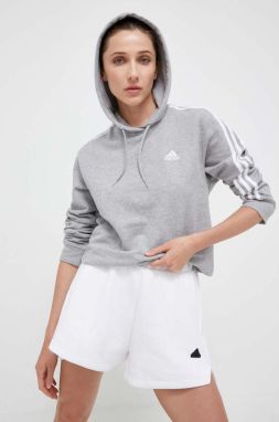 Bavlnená mikina adidas dámska, šedá farba, s kapucňou, melanžová, IC9910