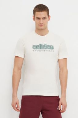 Bavlnené tričko adidas pánske, béžová farba, s potlačou, IS2883