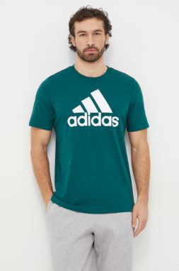 Bavlnené tričko adidas pánske, zelená farba, s potlačou, IS1300