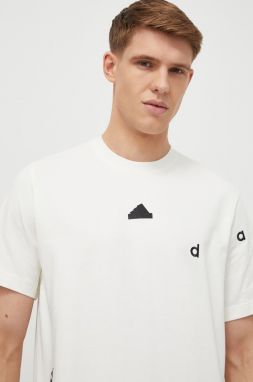 Bavlnené tričko adidas pánske, béžová farba, s nášivkou,,  IS1992