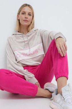 Velúrová mikina adidas Originals béžová farba, s kapucňou, s nášivkou,  IR5275