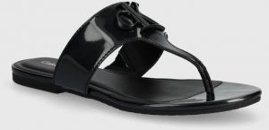 Žabky Calvin Klein Jeans FLAT SANDAL SLIDE TOEPOST MG MET dámske, čierna farba, na plochom podpätku, YW0YW01342,