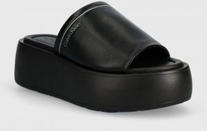 Kožené šľapky Calvin Klein FLATFORM SLIDE LTH dámske, čierna farba, na platforme, HW0HW01943