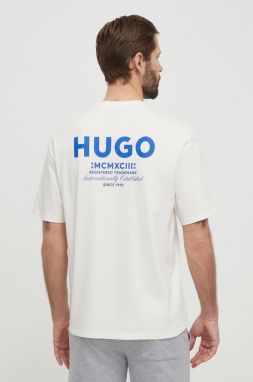 Bavlnené tričko Hugo Blue pánsky, béžová farba, s potlačou
