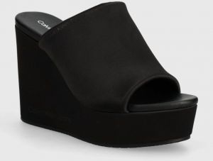 Šľapky Calvin Klein Jeans WEDGE SANDAL SAT NYL DC dámske, čierna farba, na kline, YW0YW01359,