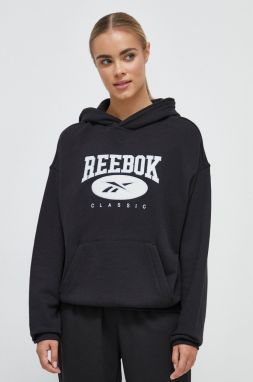 Bavlnená mikina Reebok Classic ARCHIVE ESSENTIALS dámska, čierna farba, s kapucňou, s nášivkou,