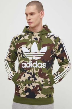 Mikina adidas Originals Camo Hoodie pánska, zelená farba, s kapucňou, vzorovaná, IS0209,