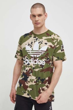 Bavlnené tričko adidas Originals Camo Trefoil Tee pánske, zelená farba, vzorovaný, IS0215