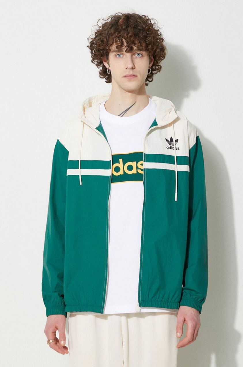 Mikina adidas Originals Windbreaker pánska, zelená farba, s kapucňou, vzorovaná, IU0201