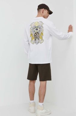 Bavlnené tričko s dlhým rukávom Volcom biela farba, vzorovaný