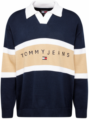 Tommy Jeans Sveter  béžová / námornícka modrá / jasne červená / biela
