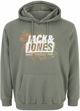 Jack & Jones Plus Mikina 'MAP'  kaki / svetlozelená / oranžová / biela