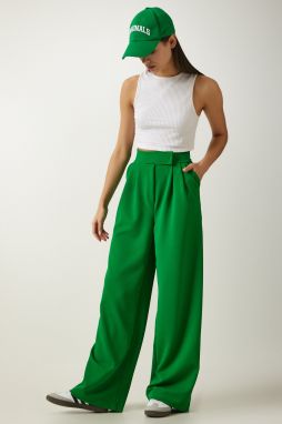 Happiness İstanbul Women's Vibrant Green Velcro Waist Comfortable Palazzo Pants