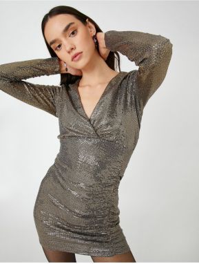 Koton Sequined Mini Evening Dress V Neck Long Sleeve Draped