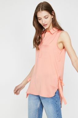 Koton Women's Salmon Colored Classic Collar Sleeveless Tunic with Tie Details.