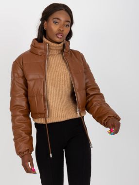 Short brown winter jacket made of eco-leather