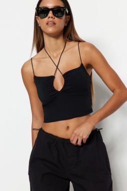 Trendyol Black Halterneck Spaghetti Straps Cotton Stretchy Crop Knitted Singlets