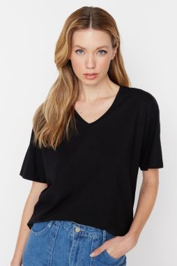 Trendyol Black 100% Cotton Oversize V Neck Knitted T-Shirt