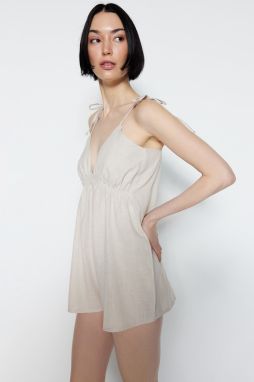 Trendyol Beige Cotton V-Neck Chest Elastic Detailed Woven Jumpsuit