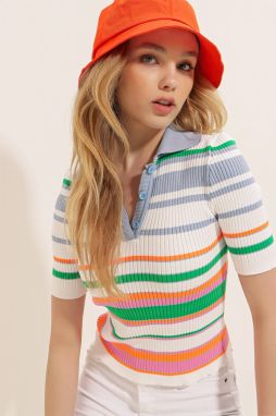 Trend Alaçatı Stili Women's Indigo Polo Collar Multicolored Striped Ribbed Sweater T-Shirt