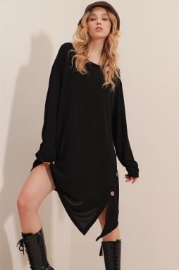 Trend Alaçatı Stili Women's Black Crew Neck Slit And Buttoned Dress