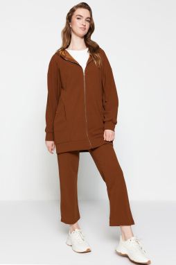 Trendyol Brown Hooded Zipper Knitted Tracksuit Set