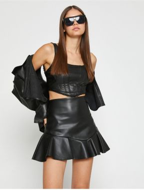 Koton Leather Look Top Crop Square Neck