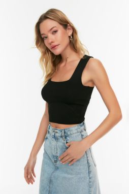 Trendyol Black Halter Corduroy Crop Knitwear Blouse