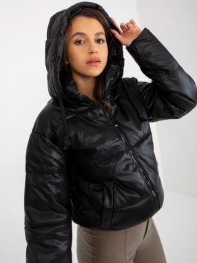 Black down jacket made of eco-leather with hood