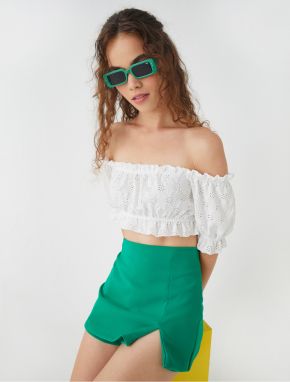 Koton Crop T-Shirt Open Shoulder Scalloped