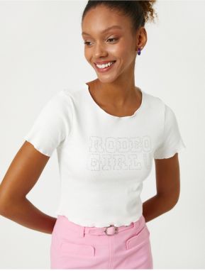 Koton Crop T-Shirt Short Sleeves Crew Neck Shiny Stones.