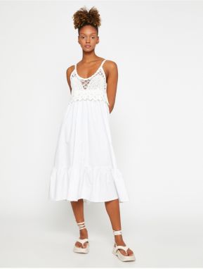 Koton Crochet Detailed Midi Dress with Straps and Ruffles.